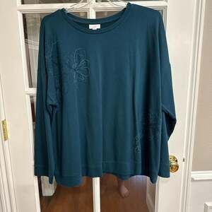 J. Jill Teal Long Sleeve Embroidered Floral Sweatshirt, Women's 3X
